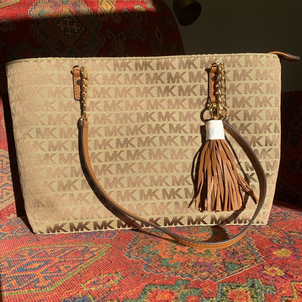 Brand New Michael Kors Monogram Tote with Chain and Tassel Detail